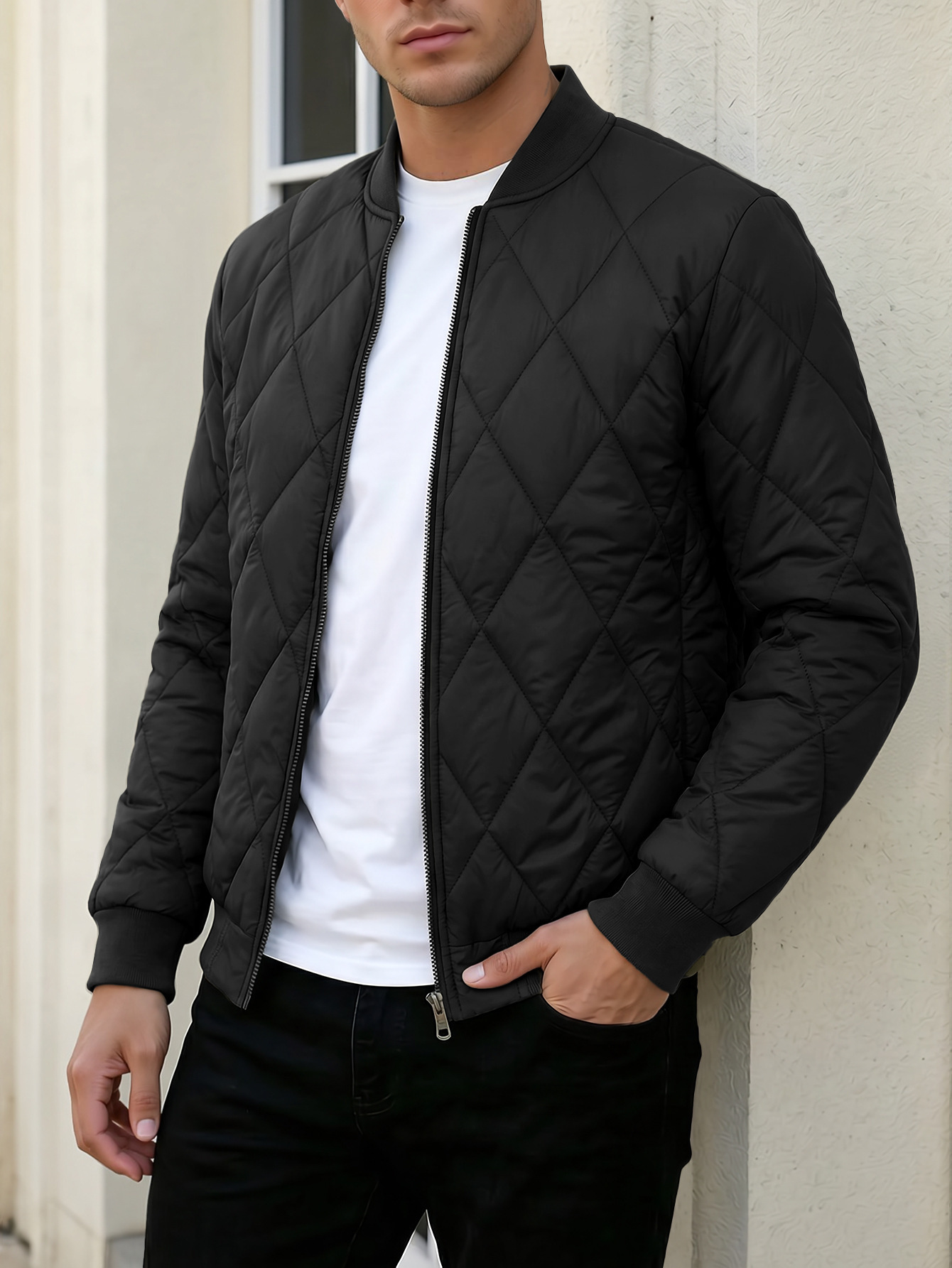 Bomber Jacket Men - เสื้อแจ็คเก็ตบอมเบอร์ผู้ชายแบบเบา น้ำหนักเบา ตกแต่งด้วยลายเพชร ซิปหน้า คอเบสบอล สวมใส่สบาย