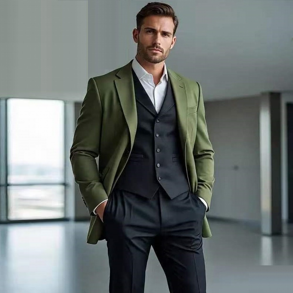 Jacket Mens Fashion - ชุดสูทผู้ชายสีเขียวทหารและสีดำ แฟชั่นทางการ สำหรับงานแต่งงาน งานเลี้ยง เจ้าบ่าว เพื่อนเจ้าบ่าว