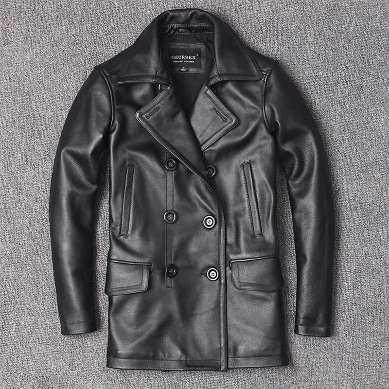 Men'S Fashion Leather Jacket - เสื้อแจ็คเก็ตหนังวัวเสื้อสำหรับผู้ชายชั้นความยาวปานกลางของผู้ชายเสื้อกันลมเข้ารูปเสื้อแจ็คเก็ตกระดุมสองแถว