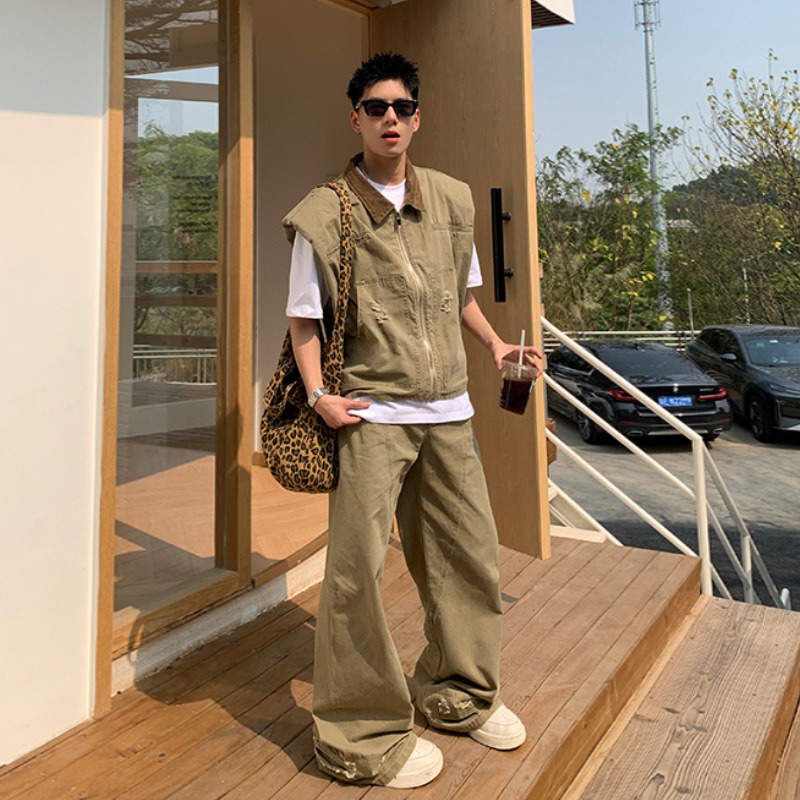 Men'S Fashion Brands - แบรนด์แฟชั่นอเมริกัน เสื้อแจ็คเก็ตยีนส์สไตล์เรโทรสำหรับผู้ชาย ชุดเสื้อกั๊กทรงหลวมพร้อมกางเกงขายาว ดีไซน์ใหม่สำหรับฤดูร้อน ทันสมัยและลำลอง