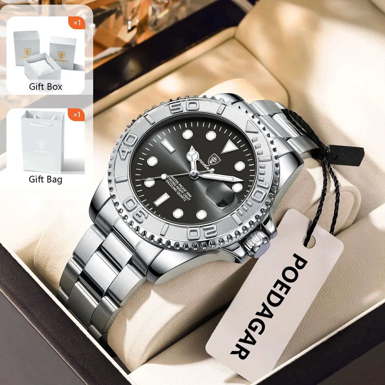 Mens Fashion Watch - POEDAGAR อินเทรนด์กีฬาผู้ชายนาฬิกาส่องสว่างกันน้ําสแตนเลสวันที่ผู้ชายนาฬิกาข้อมือหรูหราธุรกิจผู้ชายควอตซ์นาฬิกา + กล่อง