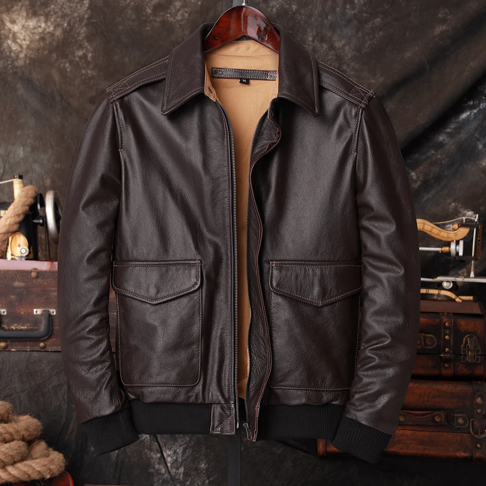 Bomber Jacket Men - เสื้อแจ็คเก็ตนักบิน Bomber A2 หนังแท้สำหรับผู้ชาย อุ่นสบาย หนังวัวแท้