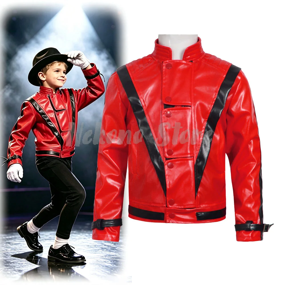 Bomber Jacket Men - เสื้อแจ็คเก็ตหนังสีแดงสไตล์ไมเคิล แจ็คสัน สำหรับผู้หญิง ผู้ชาย และวัยรุ่น ชุดฮาโลวีนแนวเรโทร