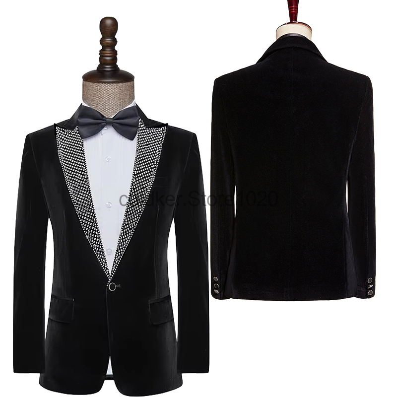 Men'S Fashion Lk - ผู้ชายใหม่หรูหราคริสตัลกํามะหยี่เสื้อแจ็คเก็ตสีดําหนึ่งปุ่มแฟชั่นโฮสต์นักร้อง STAGE Performance ชุดแต่งงานเจ้าบ่าวแต่งตัว
