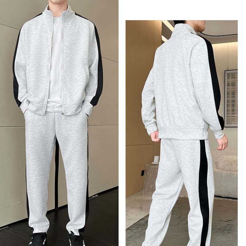 Jacket Mens Fashion - ชุดวอร์มผู้ชายฤดูใบไม้ร่วง ชุดลำลองสำหรับวิ่งจ๊อกกิ้ง เสื้อแจ็คเก็ตและกางเกงลำลองแบบแพทช์เวิร์ค ชุดสองชิ้น แฟชั่นลำลอง ชุดกีฬา