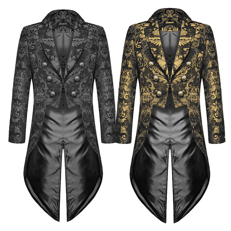 Jacket Mens Fashion - ปีศาจแฟชั่นผู้ชายชุดคอสเพลย์ Gothic Steampunk Tailcoat แจ็คเก็ตผ้าสีดํา Damask