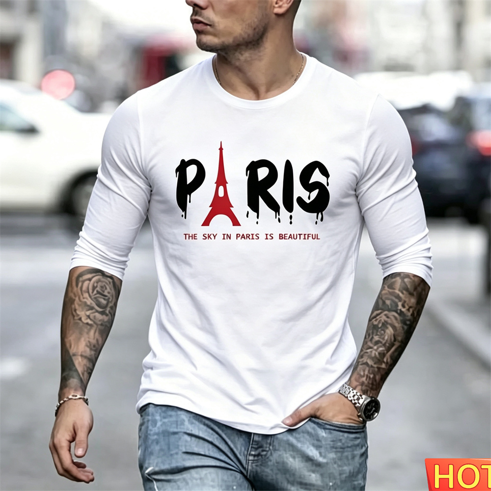 Men'S Fashion Clothing - เสื้อยืดแขนยาวผู้ชายสไตล์ฤดูใบไม้ร่วง ผ้าฝ้าย เสื้อยืดผู้ชายสไตล์ปารีส y2k เสื้อผู้ชายสำหรับงานปาร์ตี้ที่บ้าน เสื้อผ้าแฟชั่นผู้ชาย