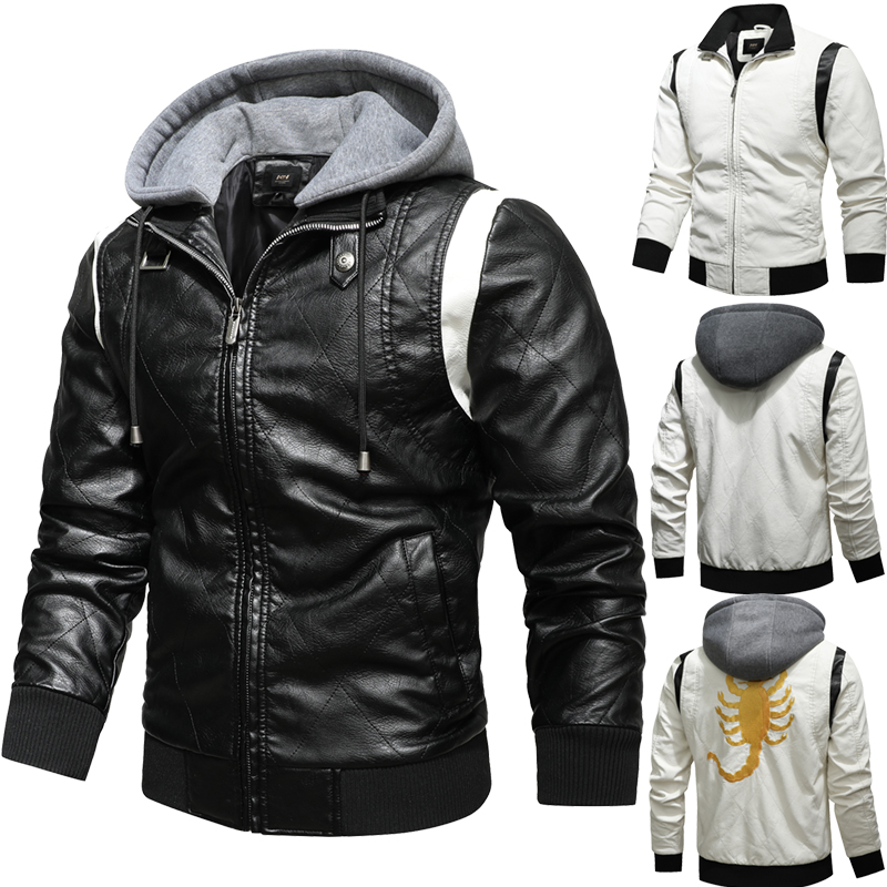 Bomber Jacket Men - ฤดูใบไม้ร่วงฤดูหนาวเสื้อแจ็คเก็ตหนังผู้ชายแมงป่องเย็บปักถักร้อย Hooded JACKET PU หนังรถจักรยานยนต์ Mens