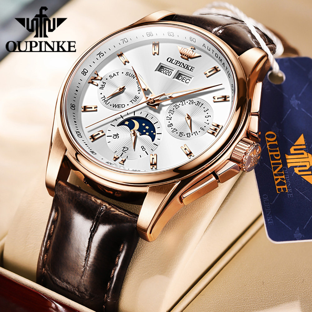 Mens Fashion Watch - นาฬิกาข้อมือผู้ชาย OUPINKE รุ่นลำลอง สายหนังแท้ ระบบออโตเมติก กลไกจักรกล
