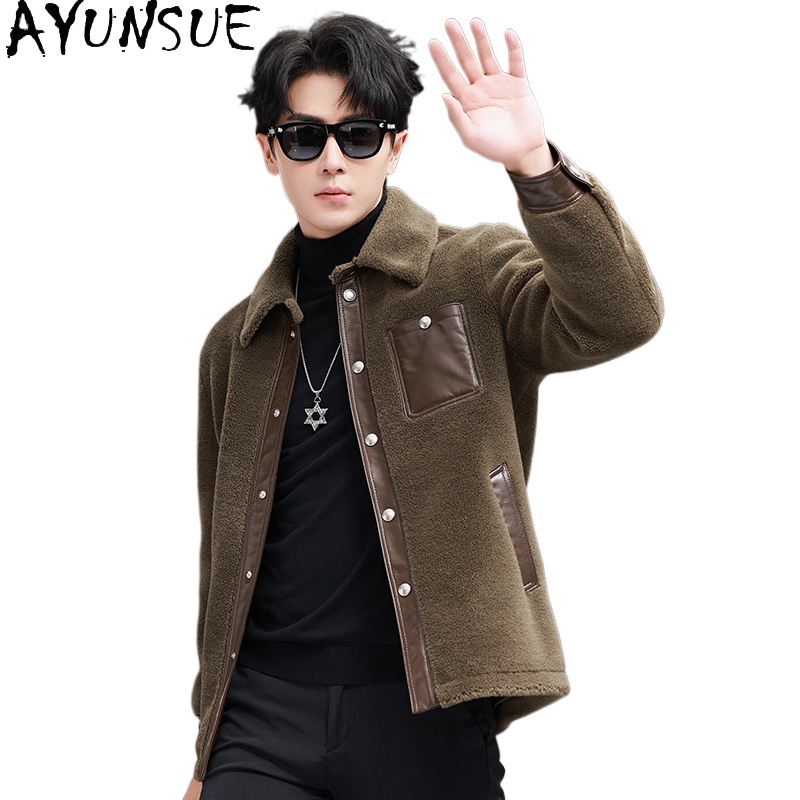 Men'S Fashion Leather Jacket - AYUNSUE 100% เสื้อขนสัตว์สําหรับชายฤดูหนาว 2025 เกาหลีแฟชั่นแกะตัดแจ็คเก็ตMan Warm
