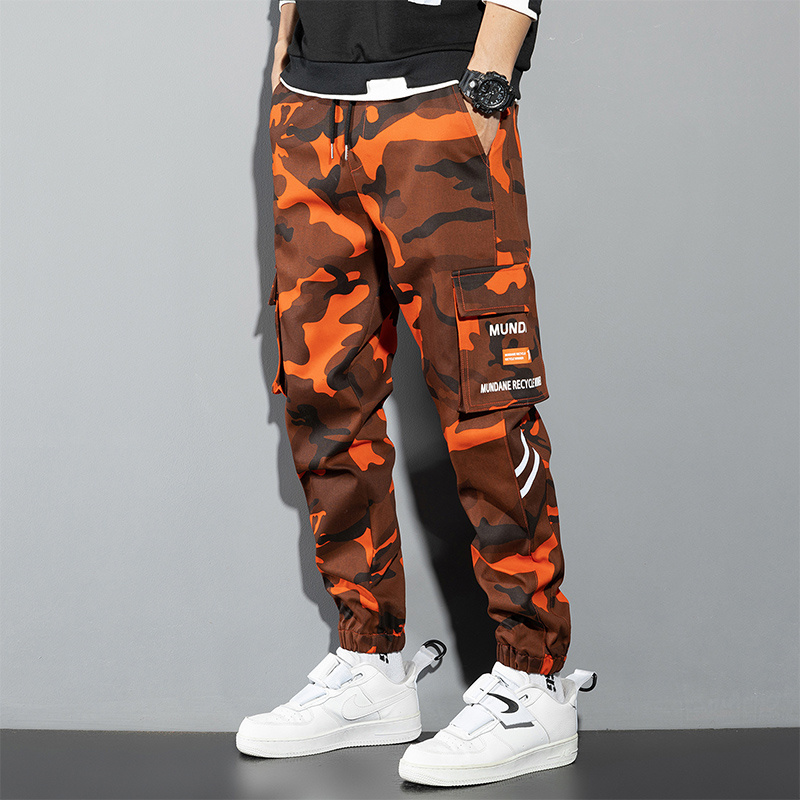 Mens Fashion Camo Pants - กางเกงคาร์โก้สีส้มกางเกงลำลองแนวสตรีท Y2K ฮิปฮอปจ๊อกกิ้งผู้ชายกางเกงผ้าคอตตอนลายพราง MODE Korea ขนาดใหญ่พิเศษสีเขียว