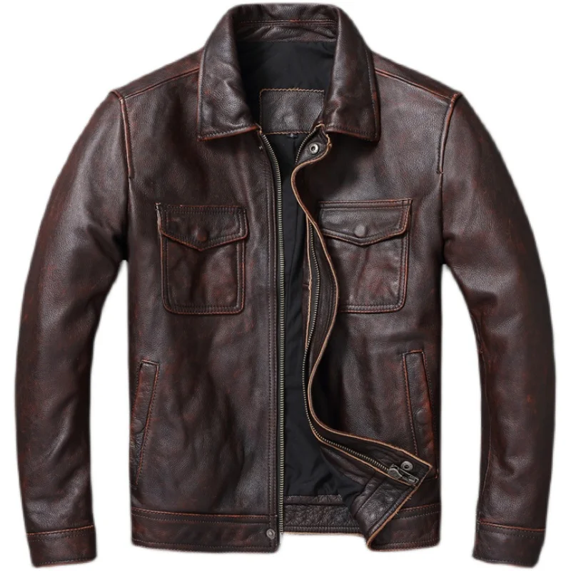 แจ็กเก็ตหนังแท้สีน้ำตาลแดงวินเ - Men'S Fashion Leather Jacket บทวิจารณ์และราคา